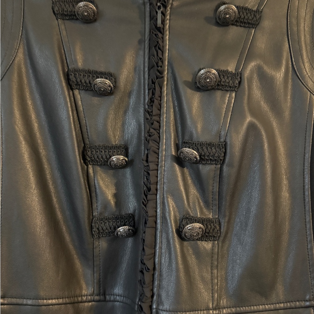 Chicos Faux Leather Military Jacket Black Size Medium Stretch Panels - Picture 5 of 12